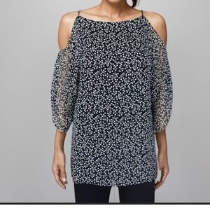 L.K. Bennet Blouse Women Sz 6 100% Silk Cold Shoulder Black White Business